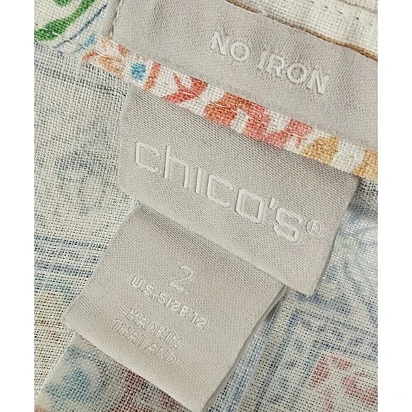 Chico's No Iron 100% Linen Button Up Top Sz 2 (12) Pastel Patchwork Bohemian - Picture 7 of 7